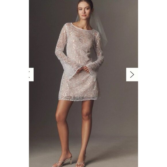 sau lee Dresses & Skirts - Sau Lee Odessa Beaded Mini Dress Long Sleeve Sequin Bridal Party Size 6 Nude